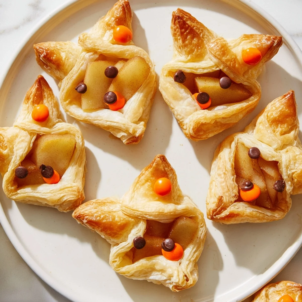 A plate of warm Autumn Harvest Fox-Shaped Bites, with glistening pastry and chocolate chip eyes, ready to eat.