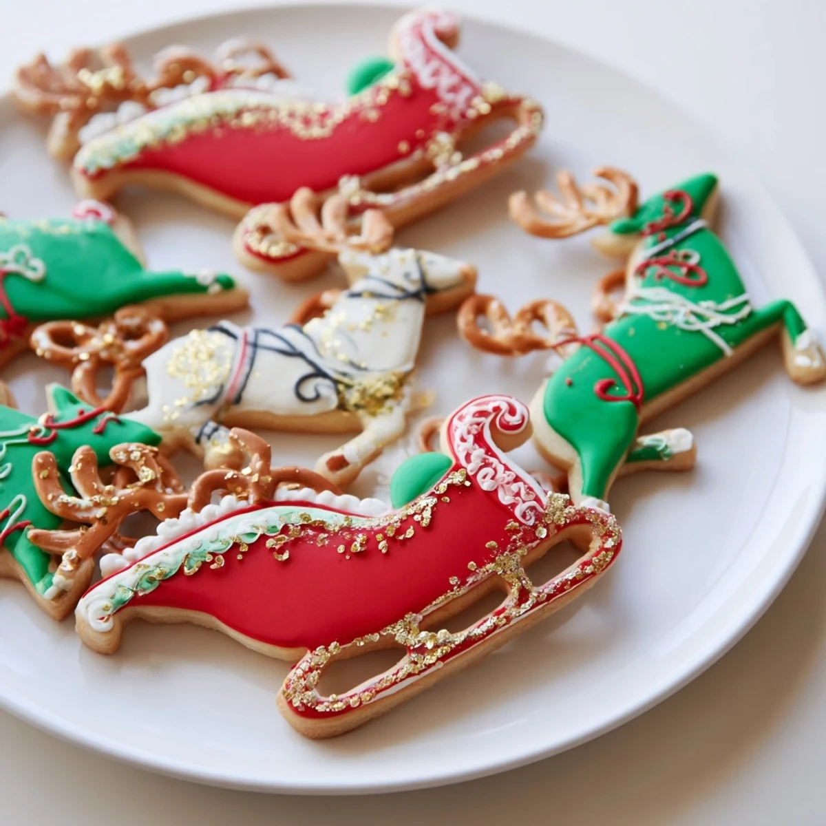 Close-up of a delightful Santa's Sleigh cookie display, showing intricate icing details and holiday sprinkles.