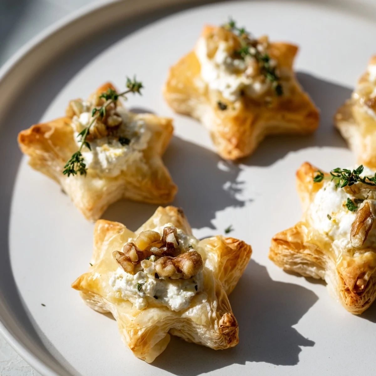 Close-up of elegant Starry Night New Years Appetizers: blueberry and brie crostini, sparkling with gold.