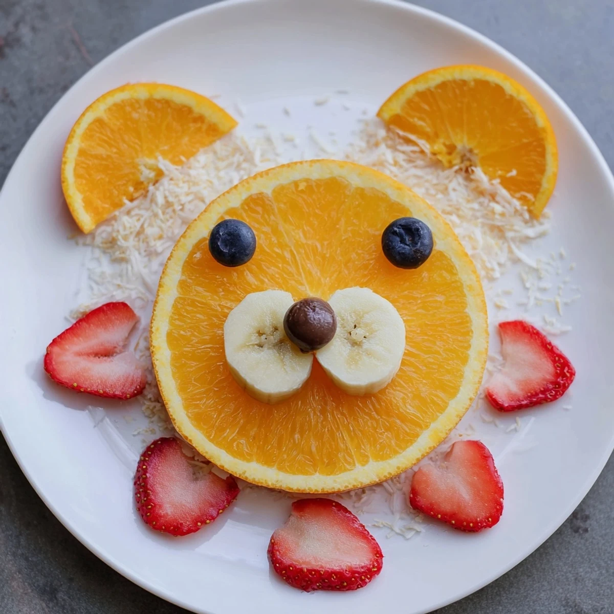 Fresh orange slices create a smiling bear face on this fun, healthy fruit board.