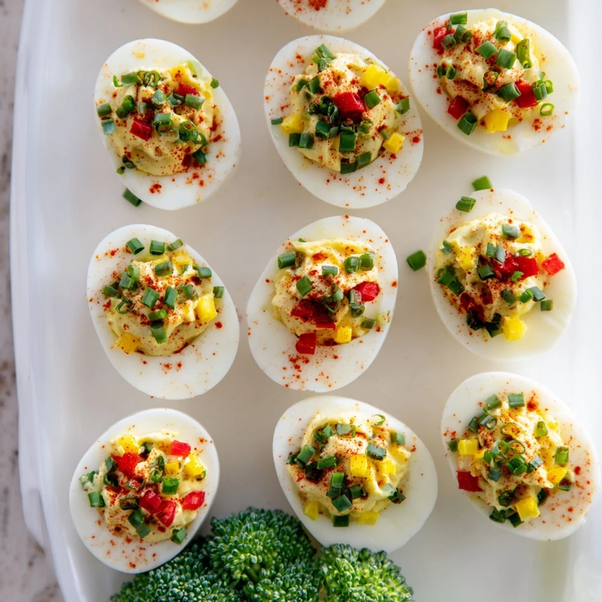 Vibrant photo shows the Christmas Tree Deviled Eggs Platter, a delightful arrangement of eggs with colorful pepper ornaments.