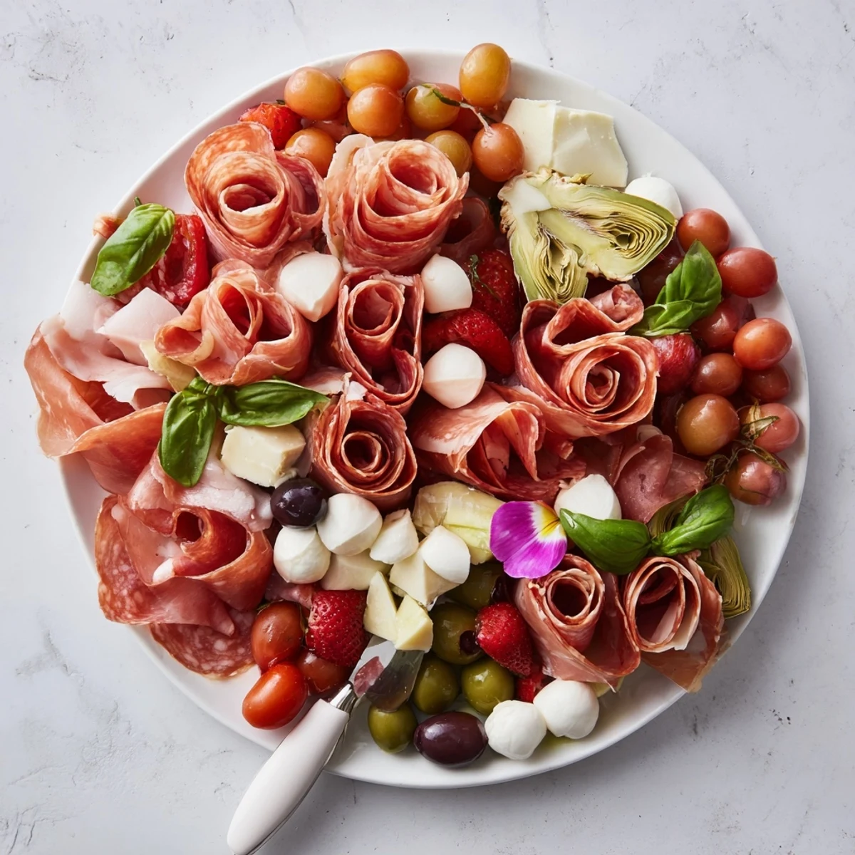 Close-up of a stunning Prosciutto Rose Bouquet Board with olives, grapes, and nuts, ready to enjoy.