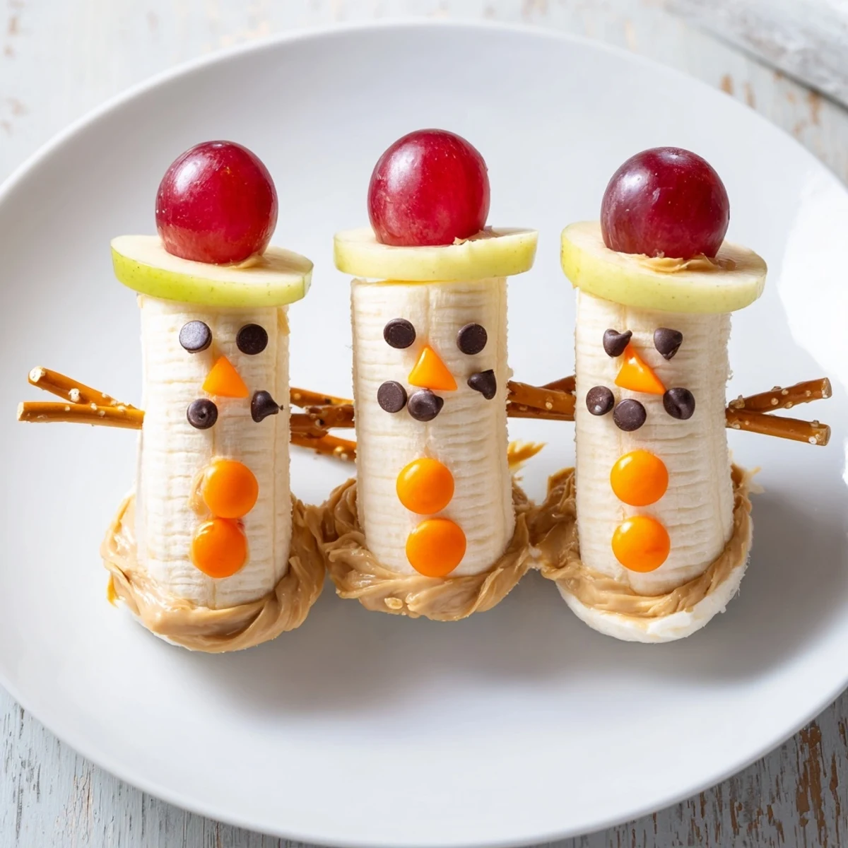 Adorable Banana Peanut Butter Snowmen arranged with chocolate chip eyes and pretzel arms for a fun snack.