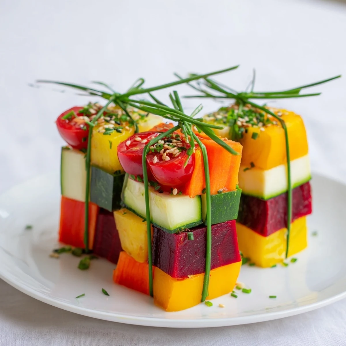 Vibrant stacked gift box veggie cubes, a colorful assortment of fresh, healthy ingredients on a platter.