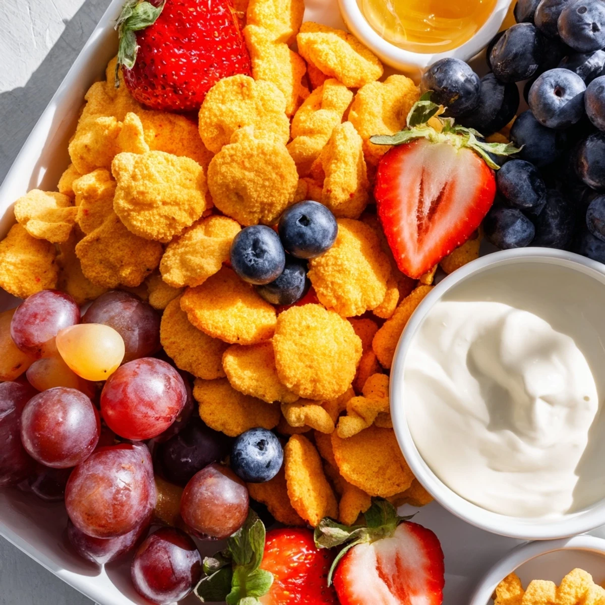 A vibrant mound of rainbow Goldfish crackers with colorful fruit, ready to snack on.