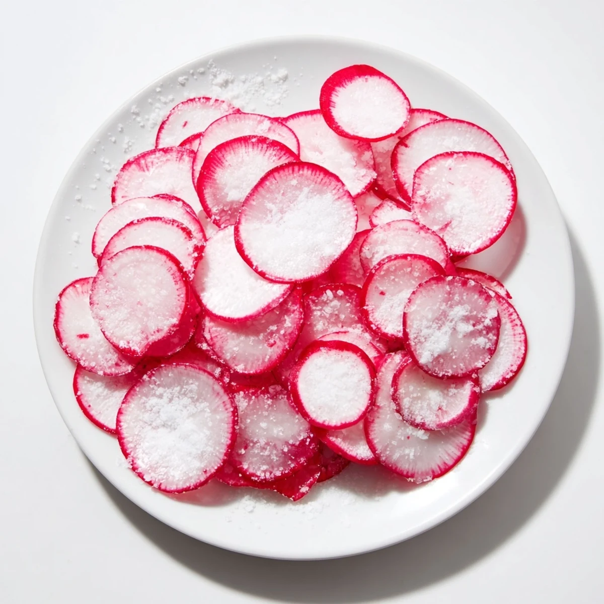 Crisp, thinly sliced radishes sprinkled with flaky sea salt, a simple, delicious snack.