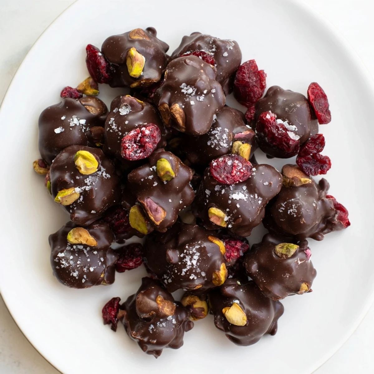 Pistachio and dried cranberry clusters: a close-up shows crunchy nuts and ruby cranberries in melted dark chocolate.