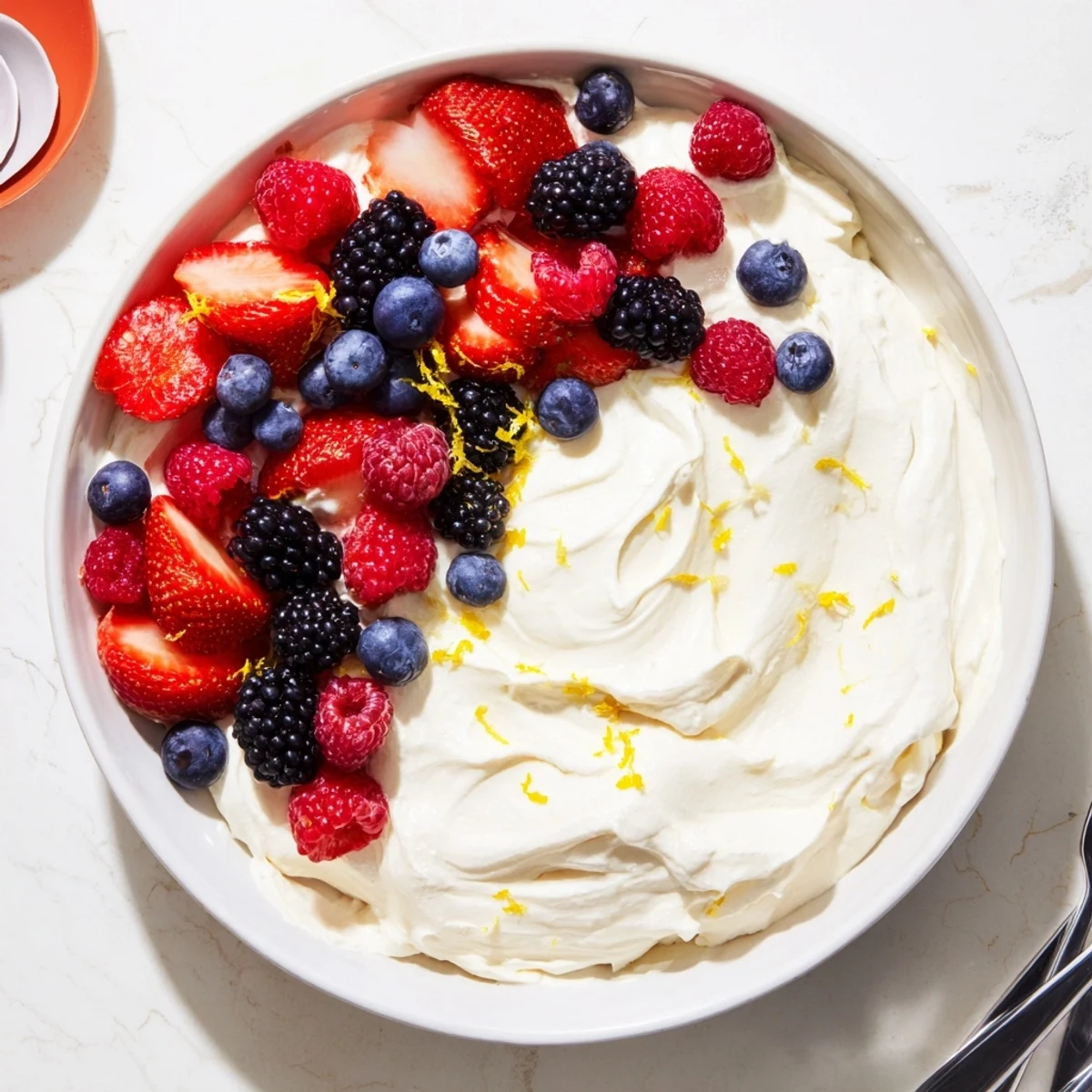 Fluffy cream cheese fruit dip with vibrant berries, a delightful, creamy dessert for sharing.