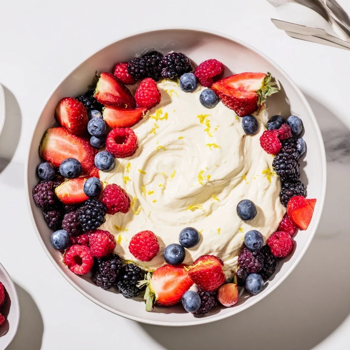 A close-up of light and airy fluffy cream cheese fruit dip, ready to enjoy with a variety of fruits.