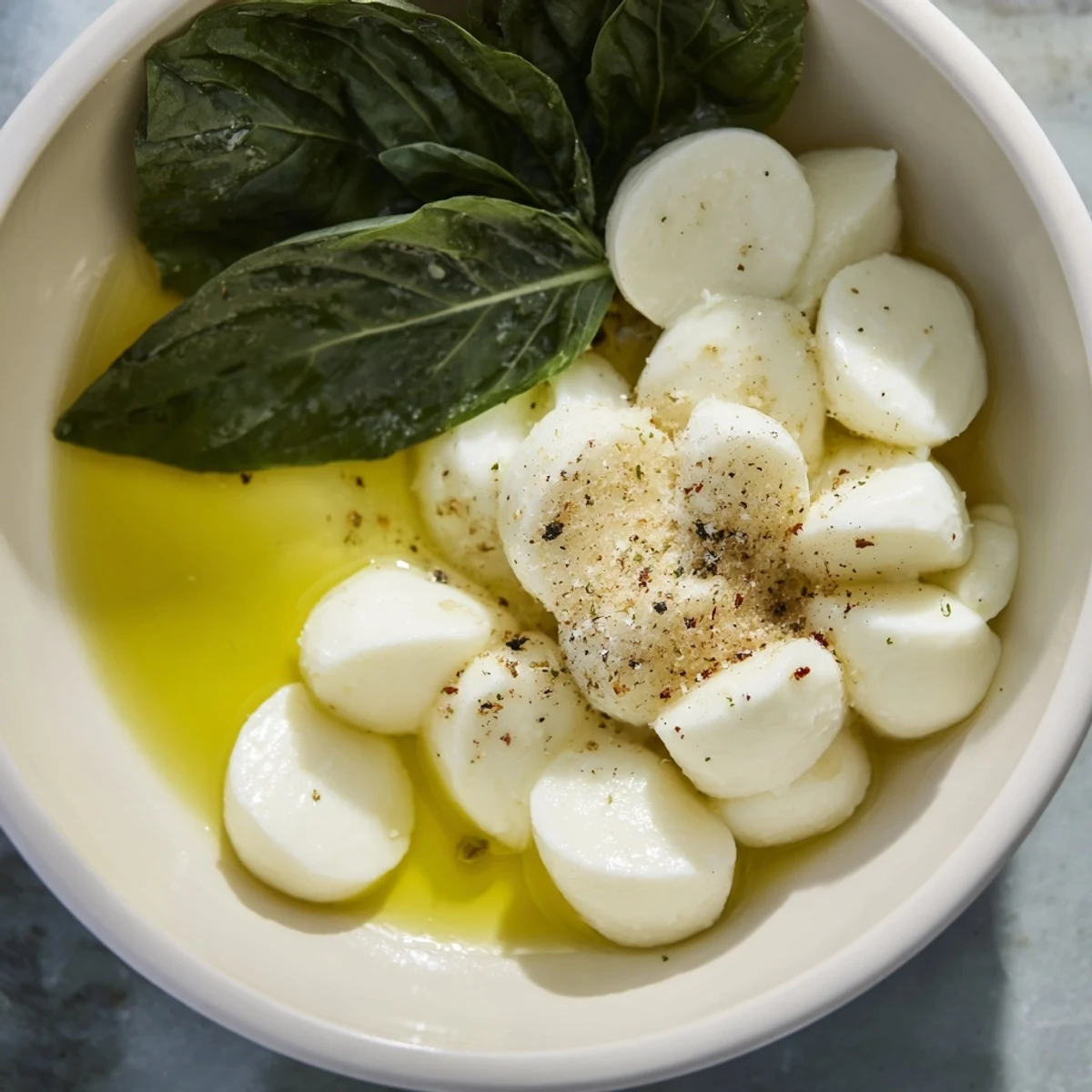 Creamy mozzarella pearls in a bowl, a simple Italian appetizer, ready to serve and enjoy.