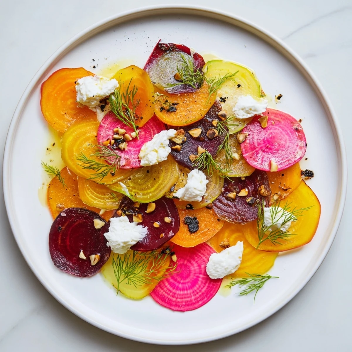 Vibrant Kinetic Motion Blur appetizer artfully shows layered beets and goat cheese, ready to serve.