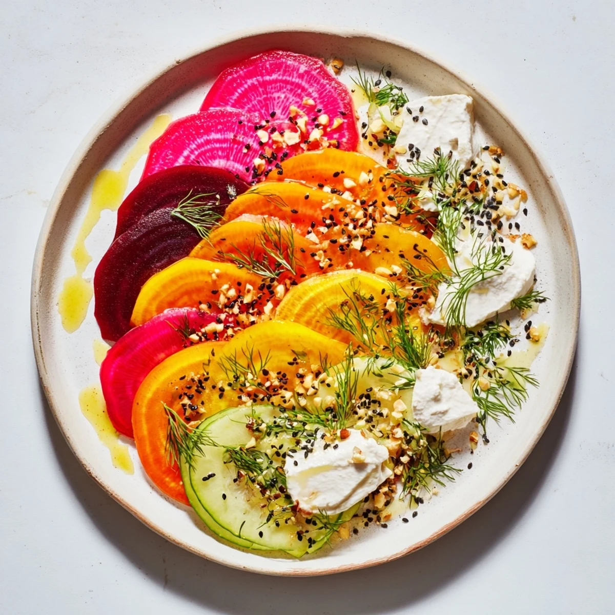 The appealing Kinetic Motion Blur features a colorful veggie arrangement with creamy goat cheese dollops.