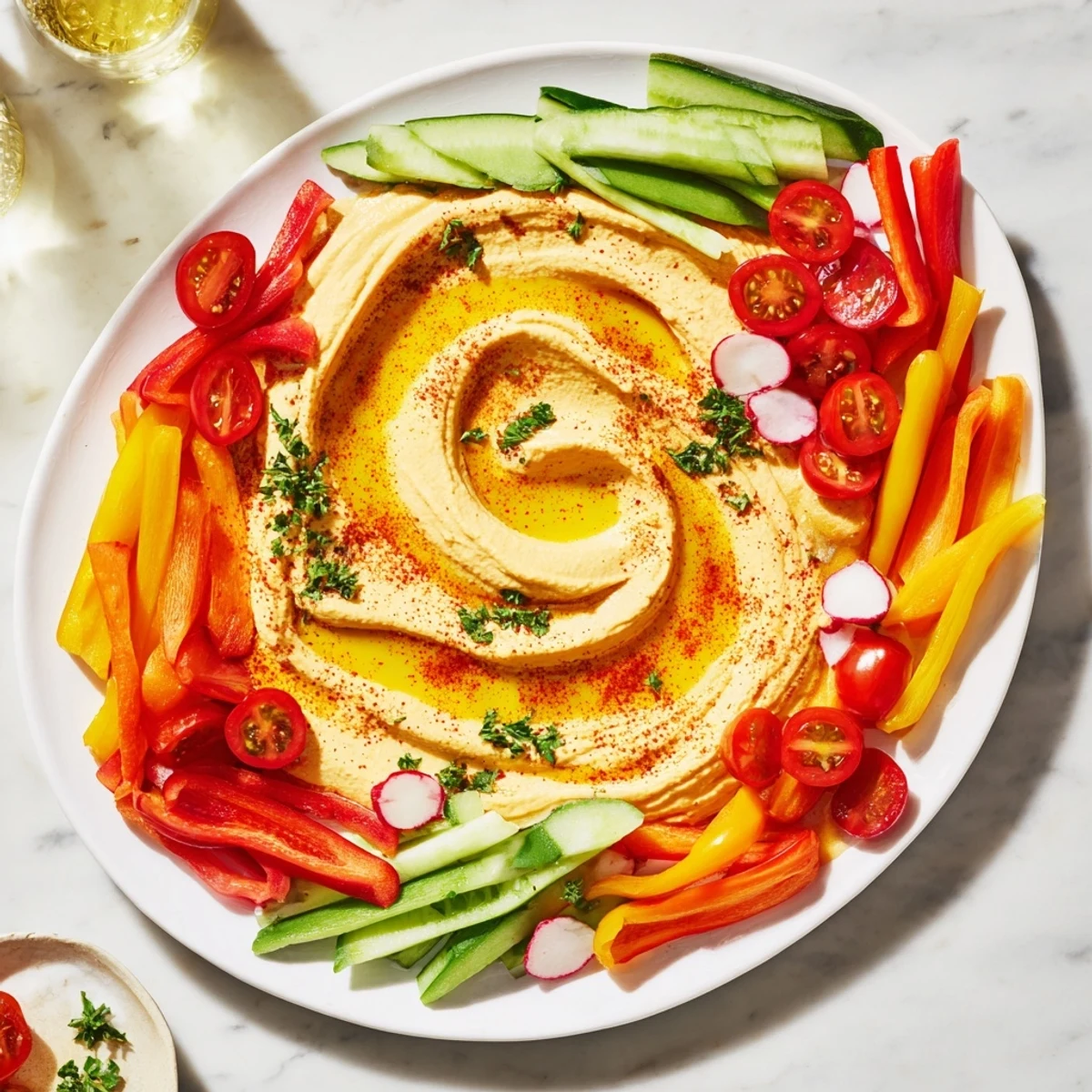 Fresh vegetables and creamy hummus form an elegant River Delta Flow appetizer, perfect for a party.