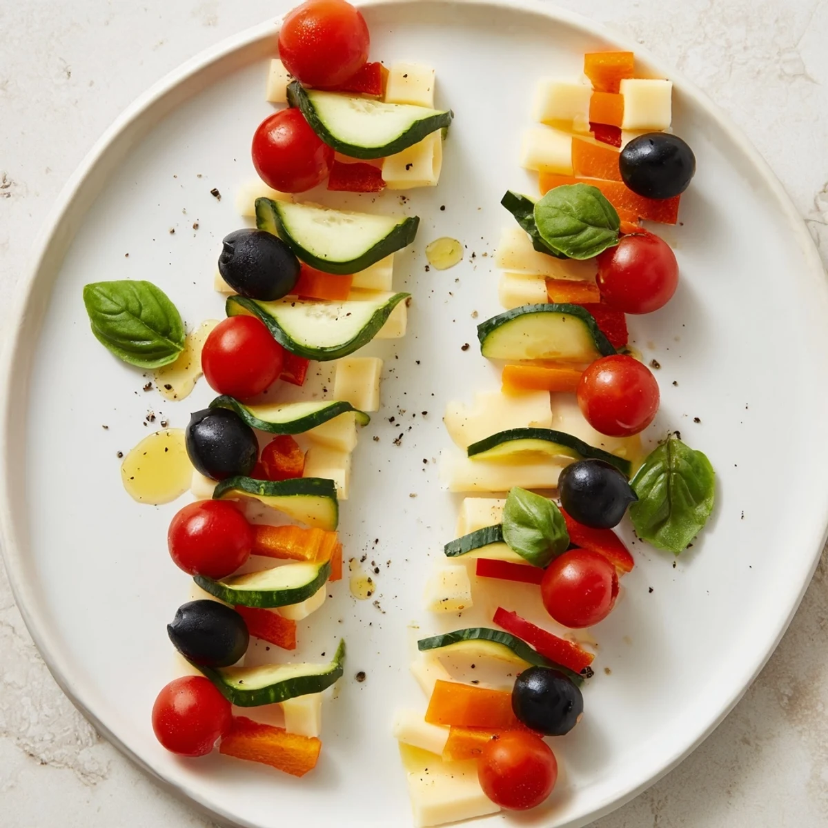 Appetizing photo of a Double Helix Genetic Code appetizer, arranged with colorful olives and tomatoes.