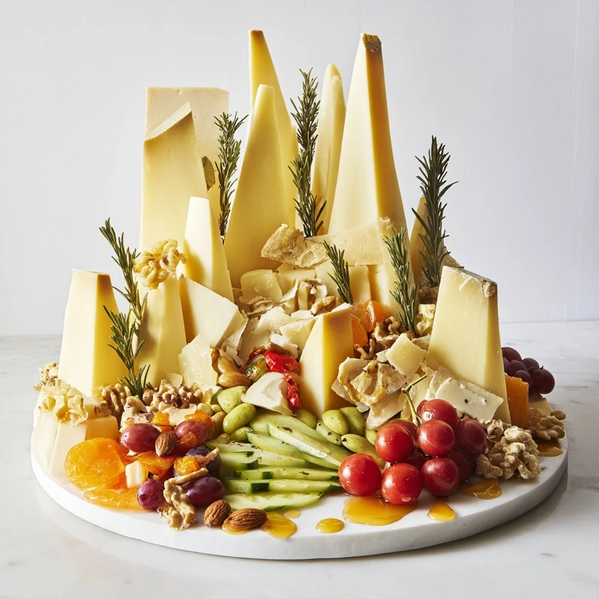 Visually stunning Sculptural Cheese Landscape: a flavorful platter featuring cheese peaks, juicy fruits, and nuts.