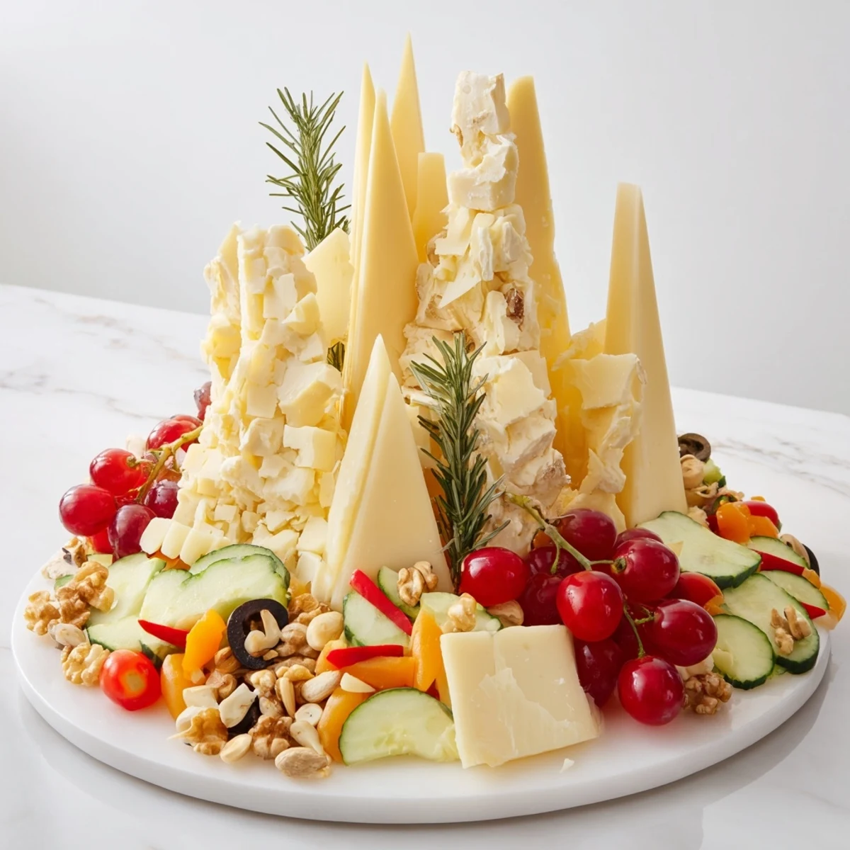 Eye-catching Sculptural Cheese Landscape: enjoy an artful cheese board with various cheeses, fruits, and crackers.