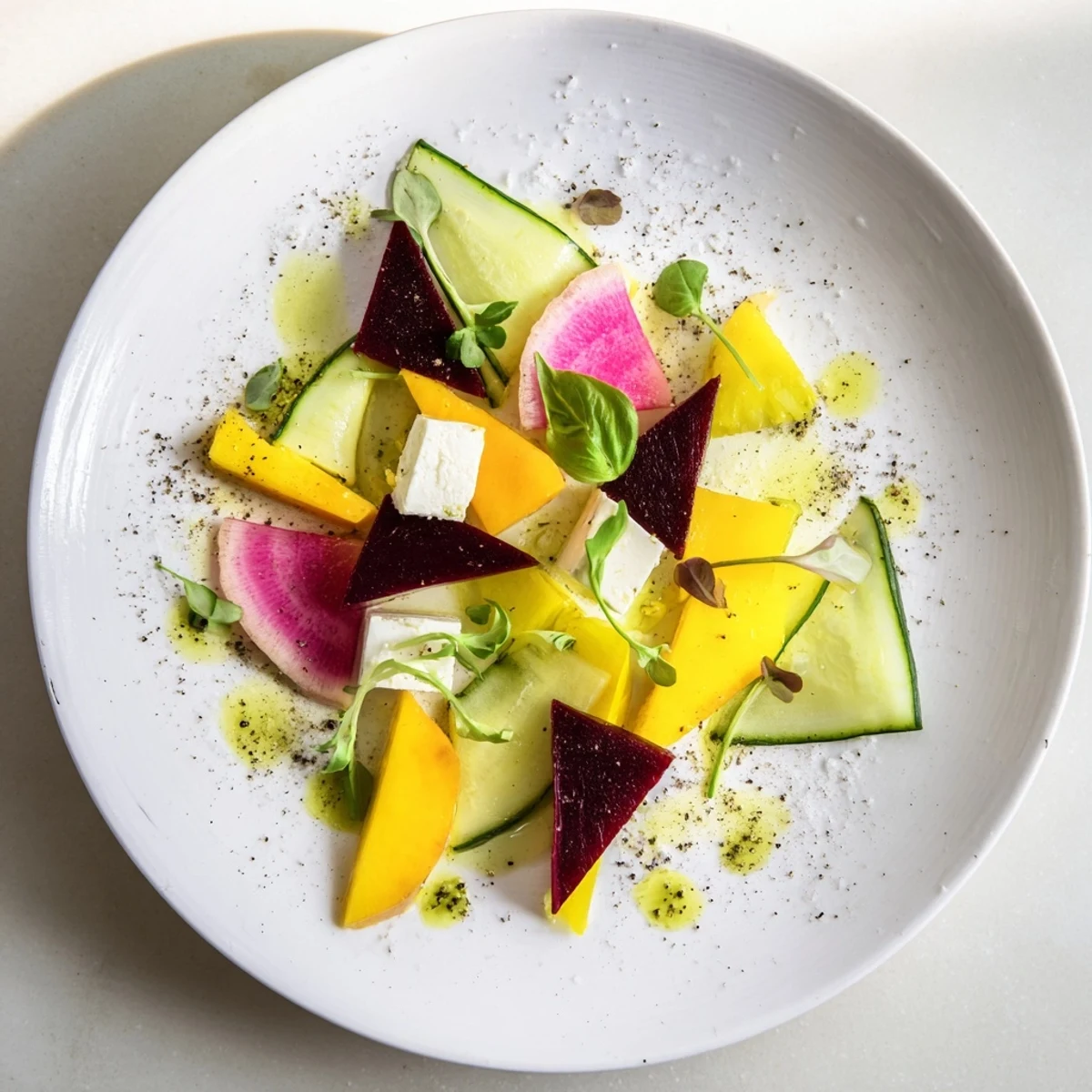 Vibrant The Cubist Deconstruction appetizer, colorful geometric vegetable and fruit pieces arranged with feta.