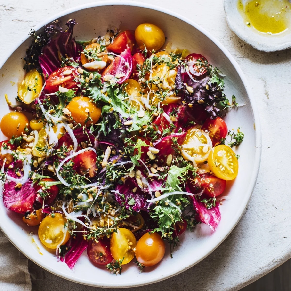 Abstract Expressionist Splash salad explodes with colorful vegetables and artistic dressing.