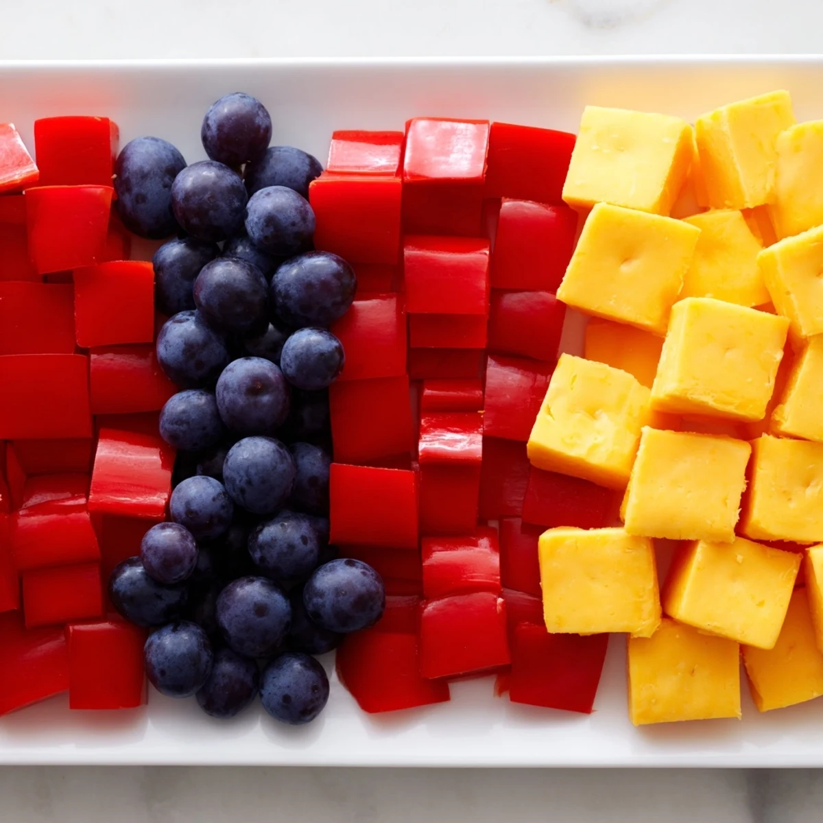 Eye-catching Bauhaus Block appetizer: a delicious, colorful grid of cheese, grapes, and bell peppers.