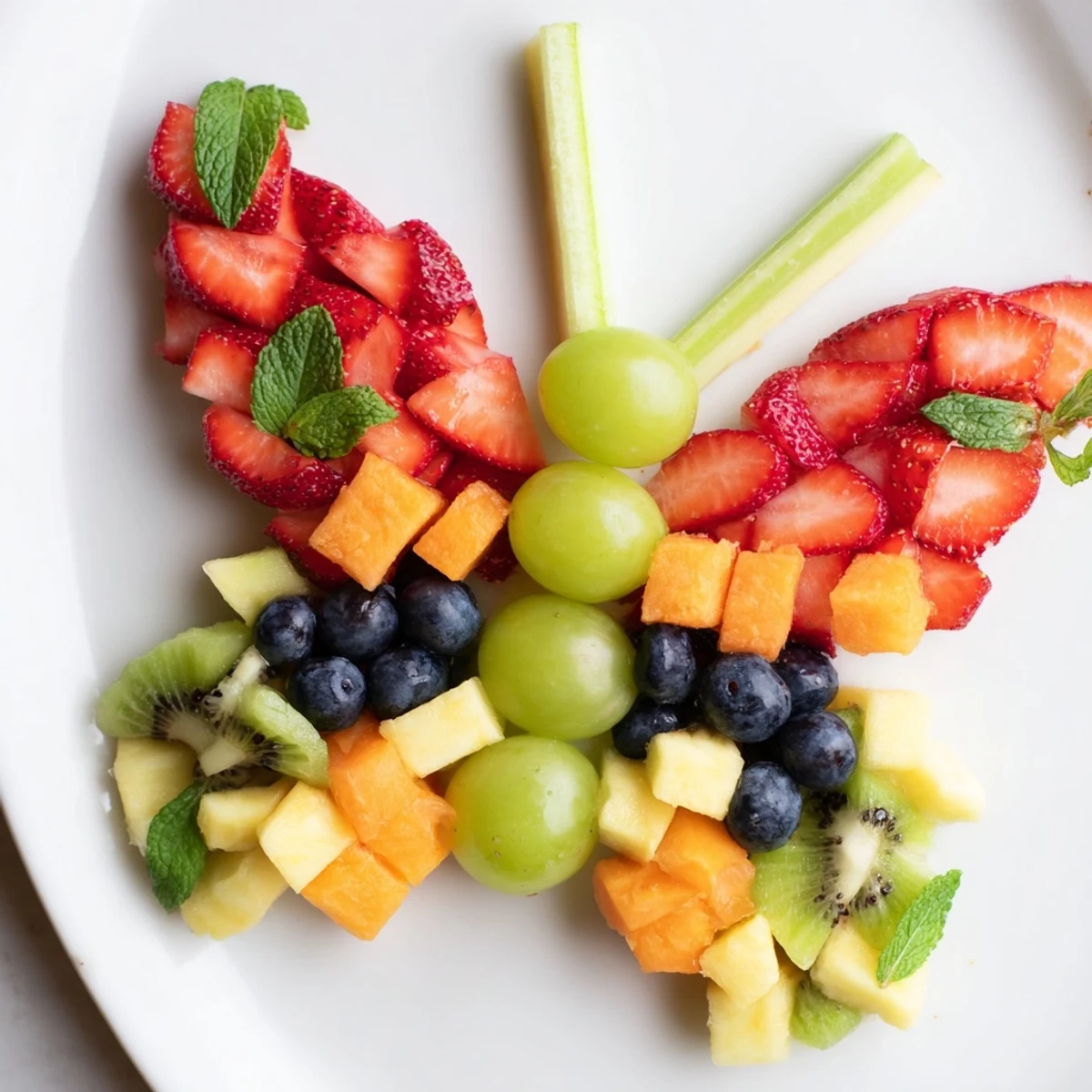 Vibrant Butterfly Fruit Tray with colorful berries and grapes, perfect snack for kids.
