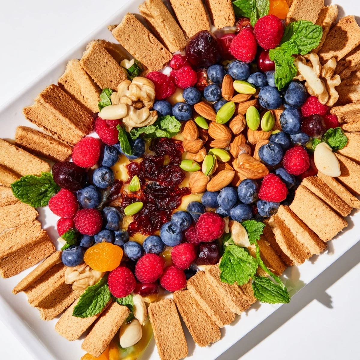 A close-up of The Picket Fence: Assorted nuts and berries inside a crunchy cracker border.