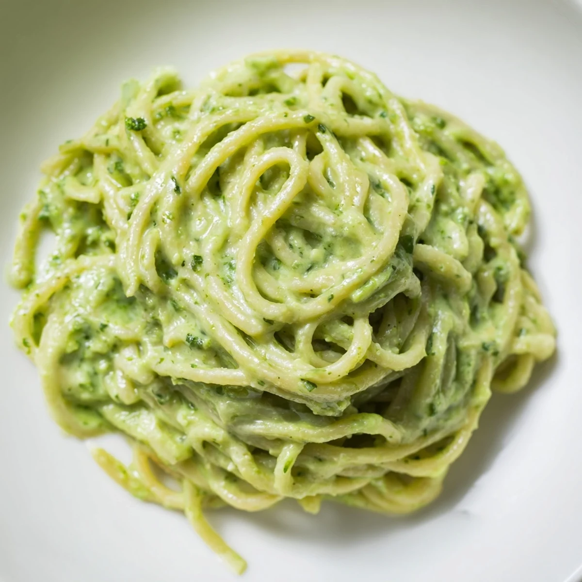 Vibrant green Green Goddess Pasta Sauce coats linguine, ready to be enjoyed with fresh herbs.