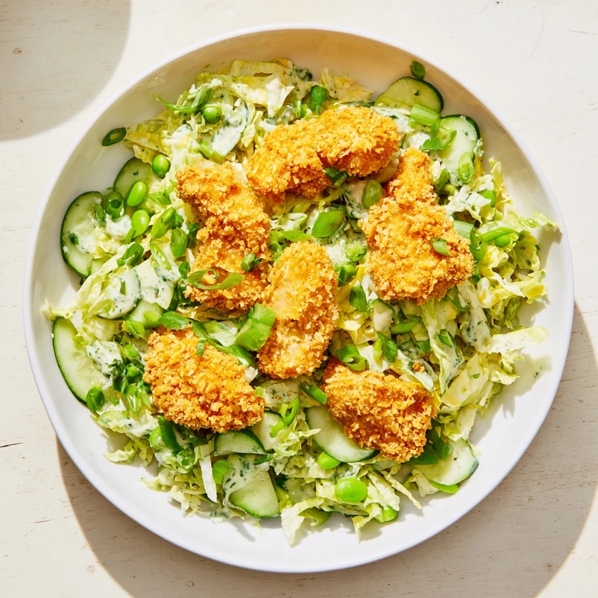 A creamy Green Goddess dressing drizzled over the crunchy Green Goddess Nugget Salad with golden nuggets.