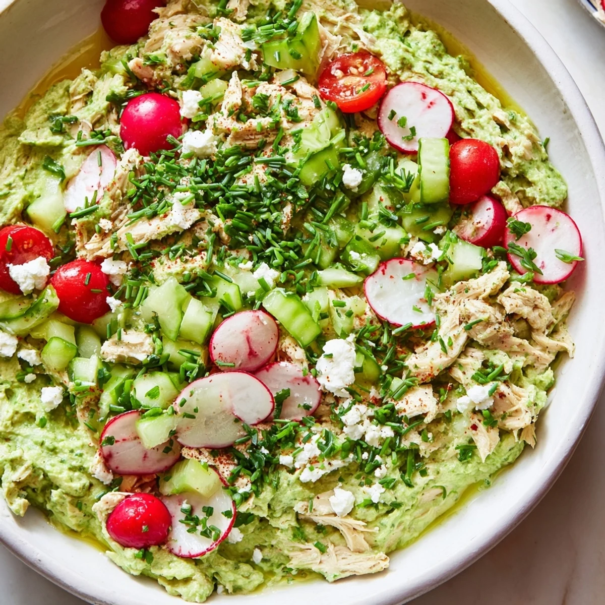 Warm, flavorful Green Goddess Chicken Nacho Dip piled high with shredded chicken, ready to be scooped.