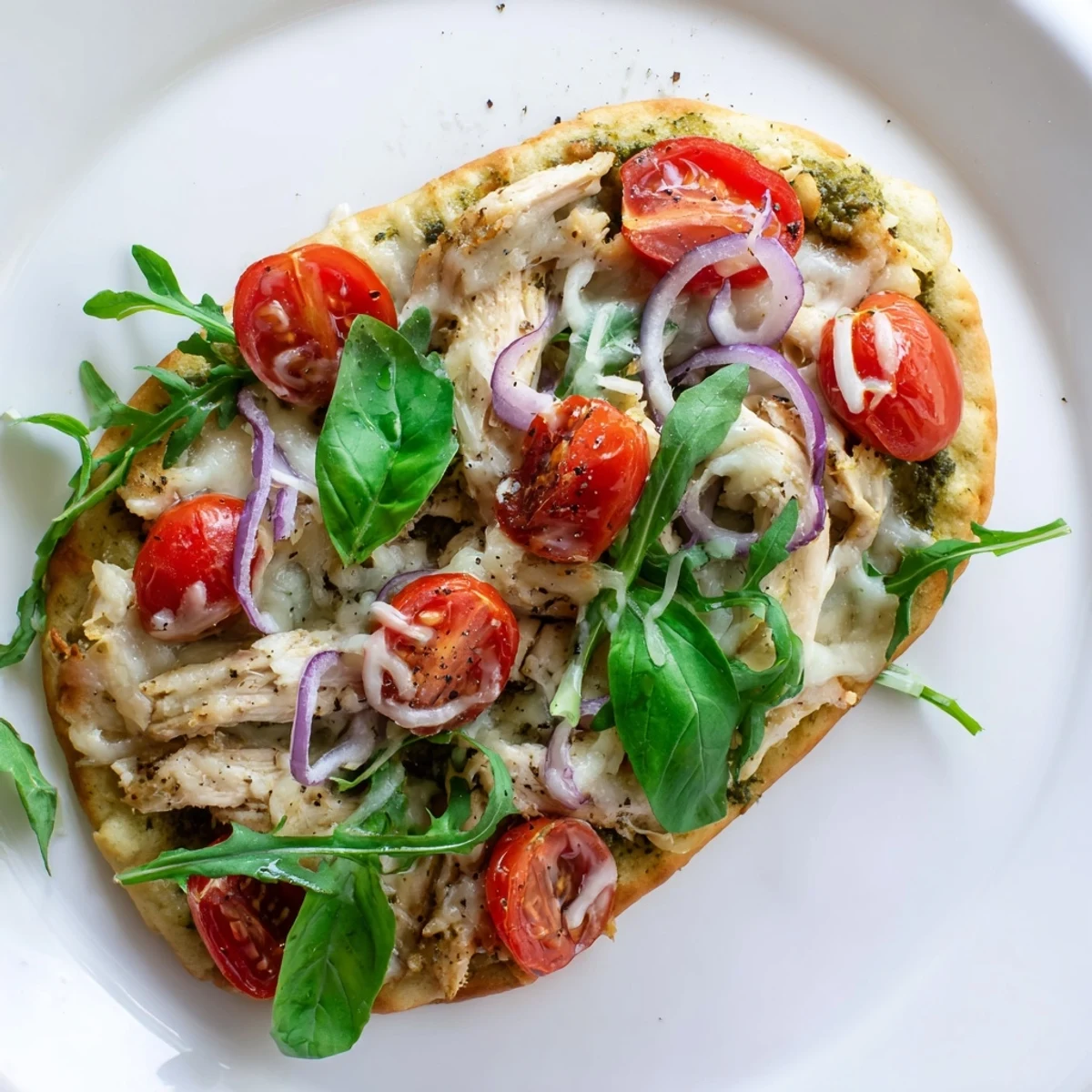 Warm pesto chicken flatbread with bubbling cheese, vibrant tomatoes and red onion toppings.