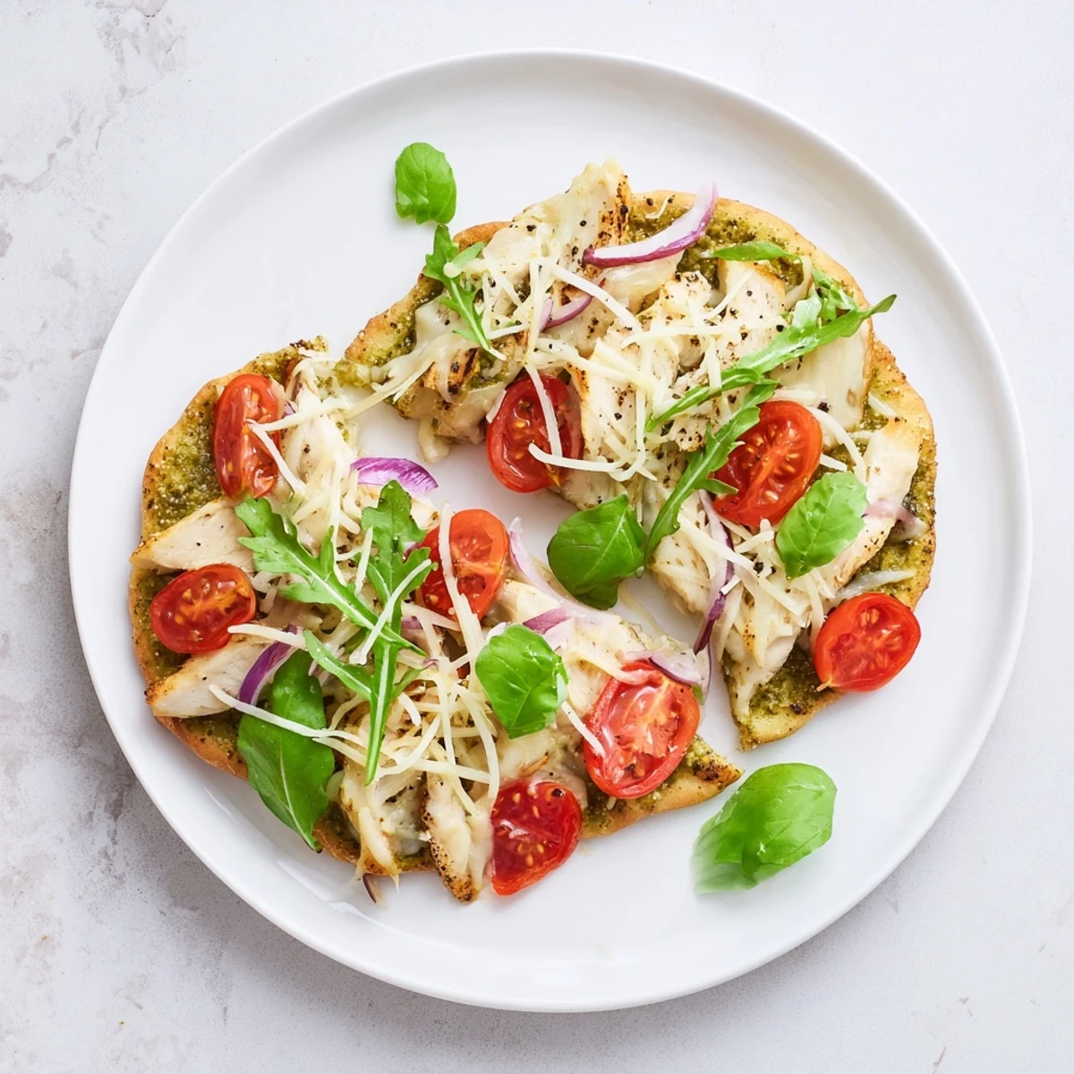 This delicious pesto chicken flatbread features melted mozzarella and savory, tender chicken pieces.