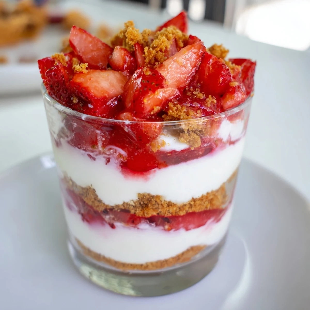 Refreshing Strawberry Cheesecake Parfait: Layers of creamy cheesecake and juicy strawberries in a cup.
