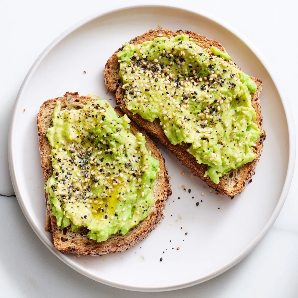 Golden-brown avocado toast with everything seasoning, ready to eat, boasting a satisfying crunch and savory taste.