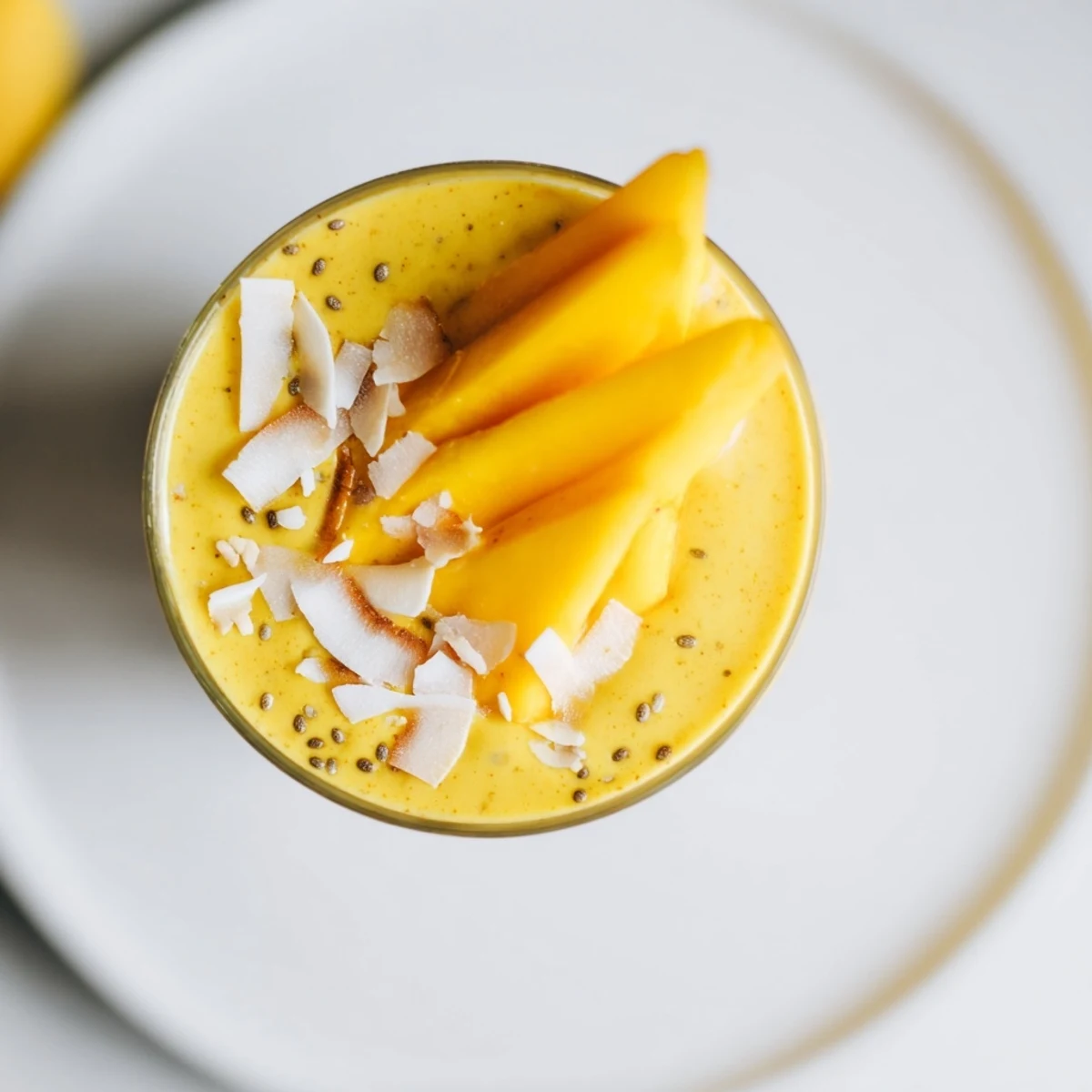 Creamy mango turmeric smoothie, a bright yellow blend garnished with fresh mango slices.