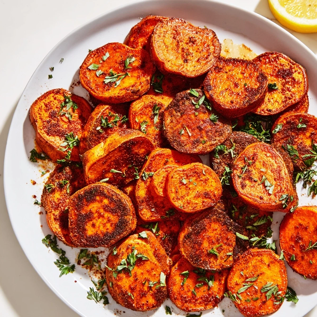 Golden-brown Cajun roasted sweet potatoes, crispy edges, wonderfully spiced side ready to serve.