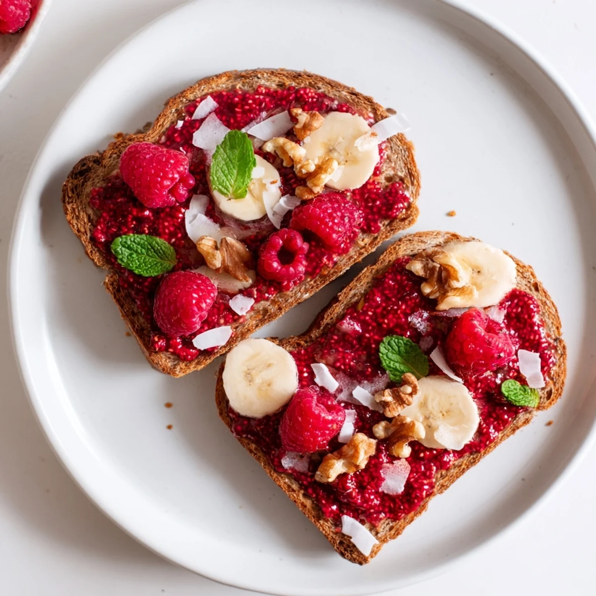 A close-up of vibrant raspberry chia jam toast, a burst of fresh berry flavor.