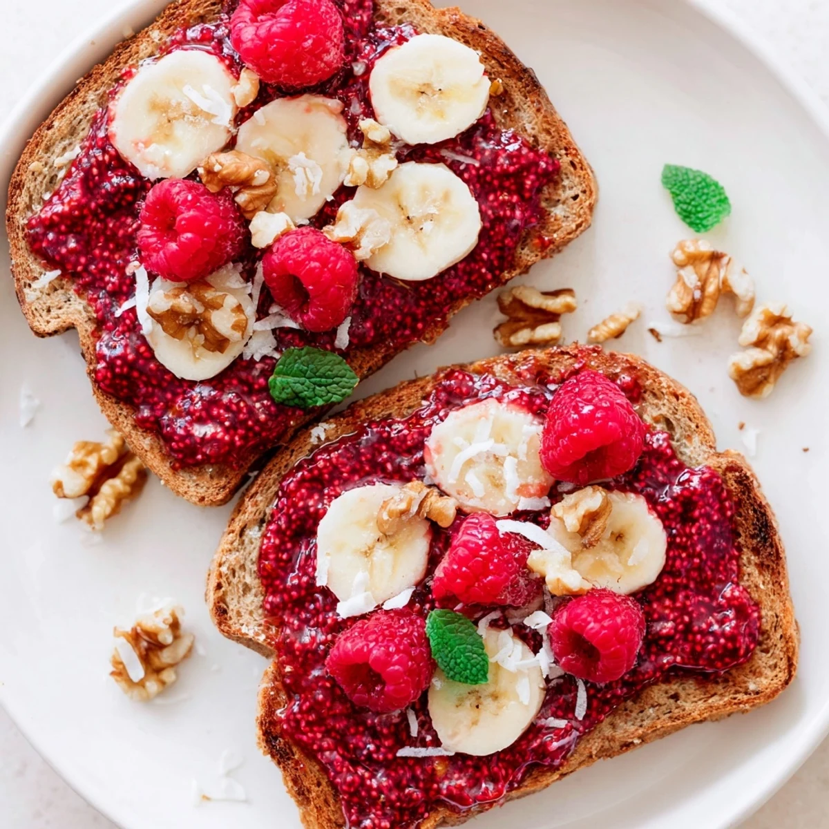 Bright photo of raspberry chia jam toast, showcasing the creamy jam's delightful texture.