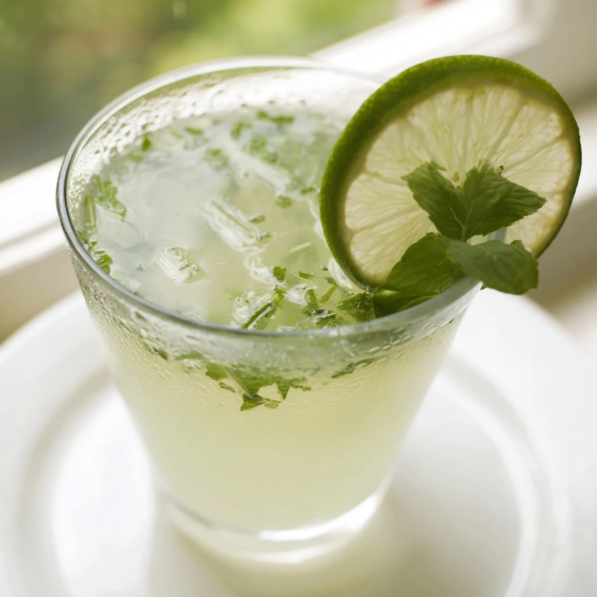View a close-up of vibrant, cool Mint Lime Agua Fresca, garnished with sliced limes and mint.