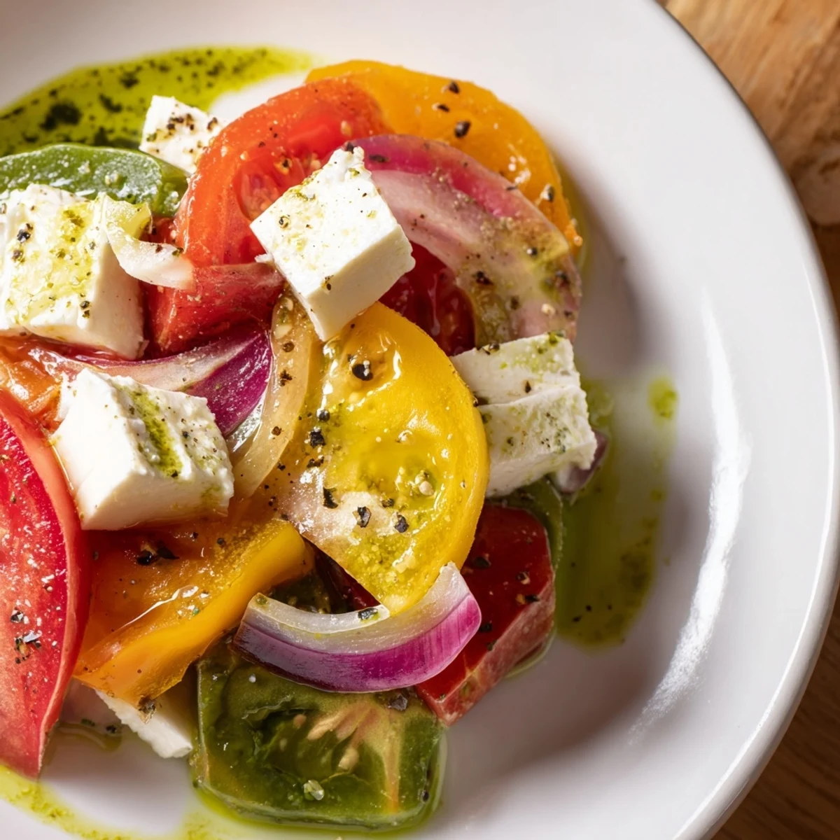 Vibrant Summer Tomato Salad with basil oil boasts juicy tomatoes and creamy mozzarella, perfect for a summer lunch.