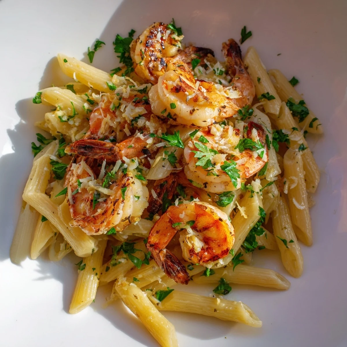 Steaming Garlic Shrimp Penne topped with fresh parsley, ready to enjoy a satisfying Italian meal.