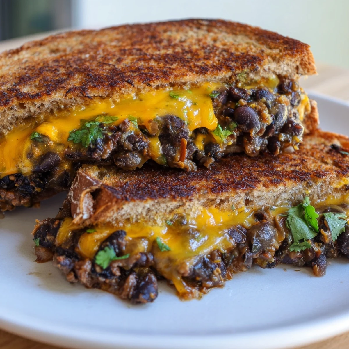 A close-up of a perfectly grilled Black Bean Grilled Cheese, showcasing the crispy bread and savory filling.