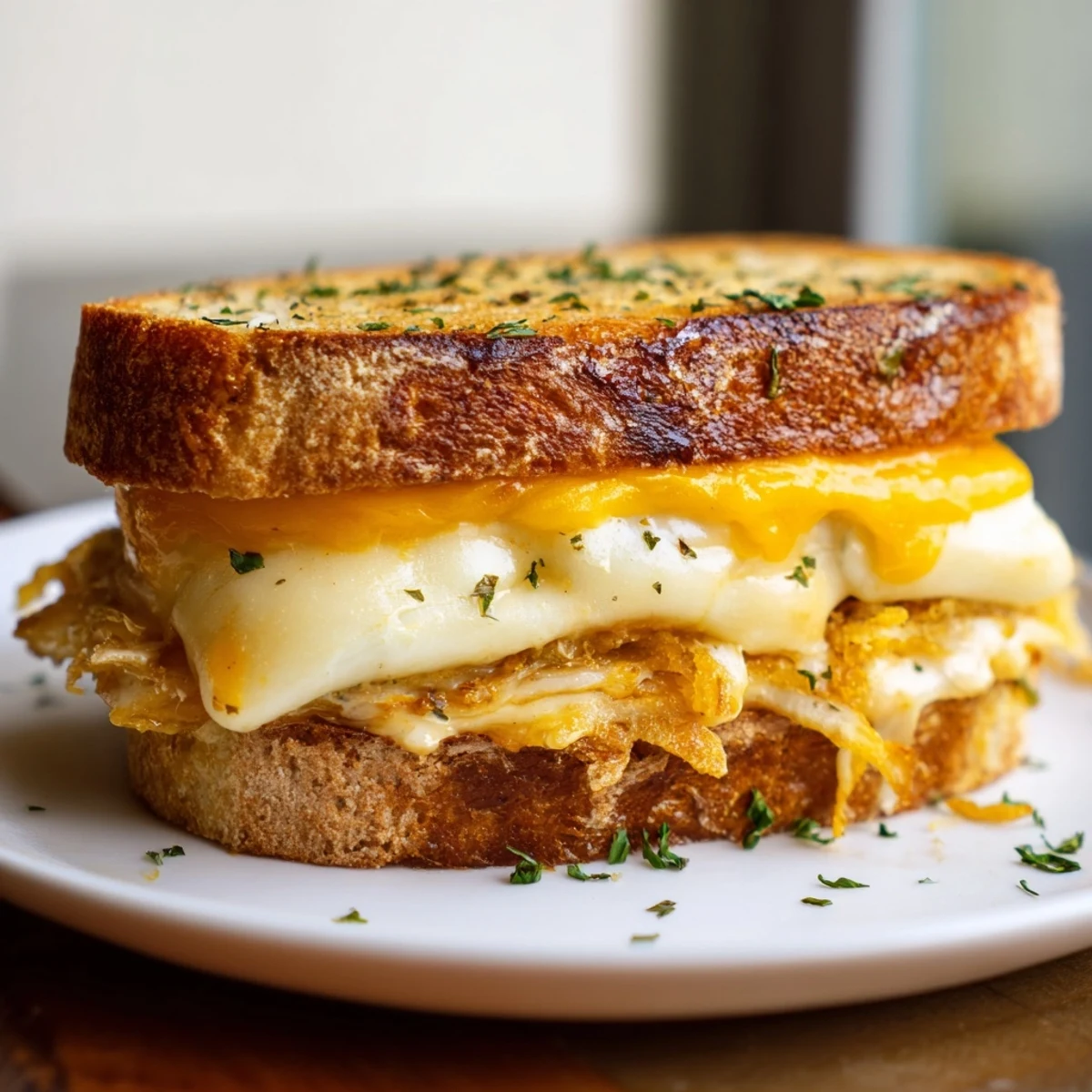 Golden-brown garlic butter mayo grilled cheese, oozing melted cheddar, a delicious and easy lunch.
