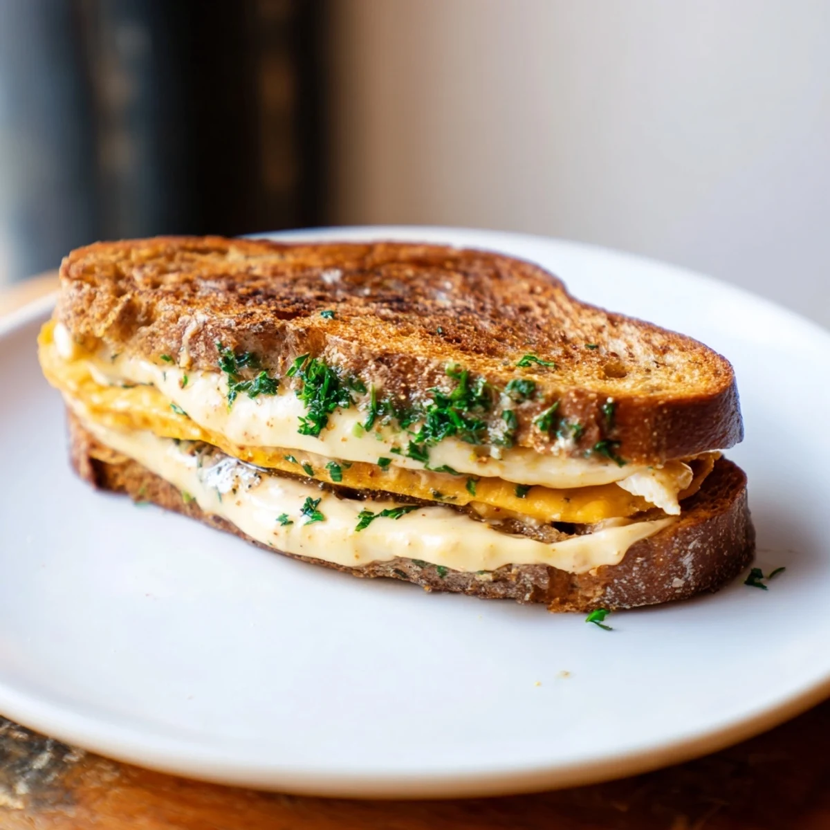 Sharp cheddar and mozzarella melting between crispy sourdough in this garlic butter mayo grilled cheese.