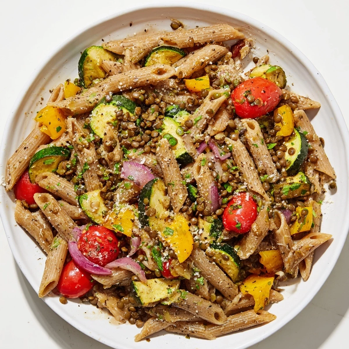 Mediterranean lentil pasta with roasted vegetables, a colorful, wholesome dish ready to eat.