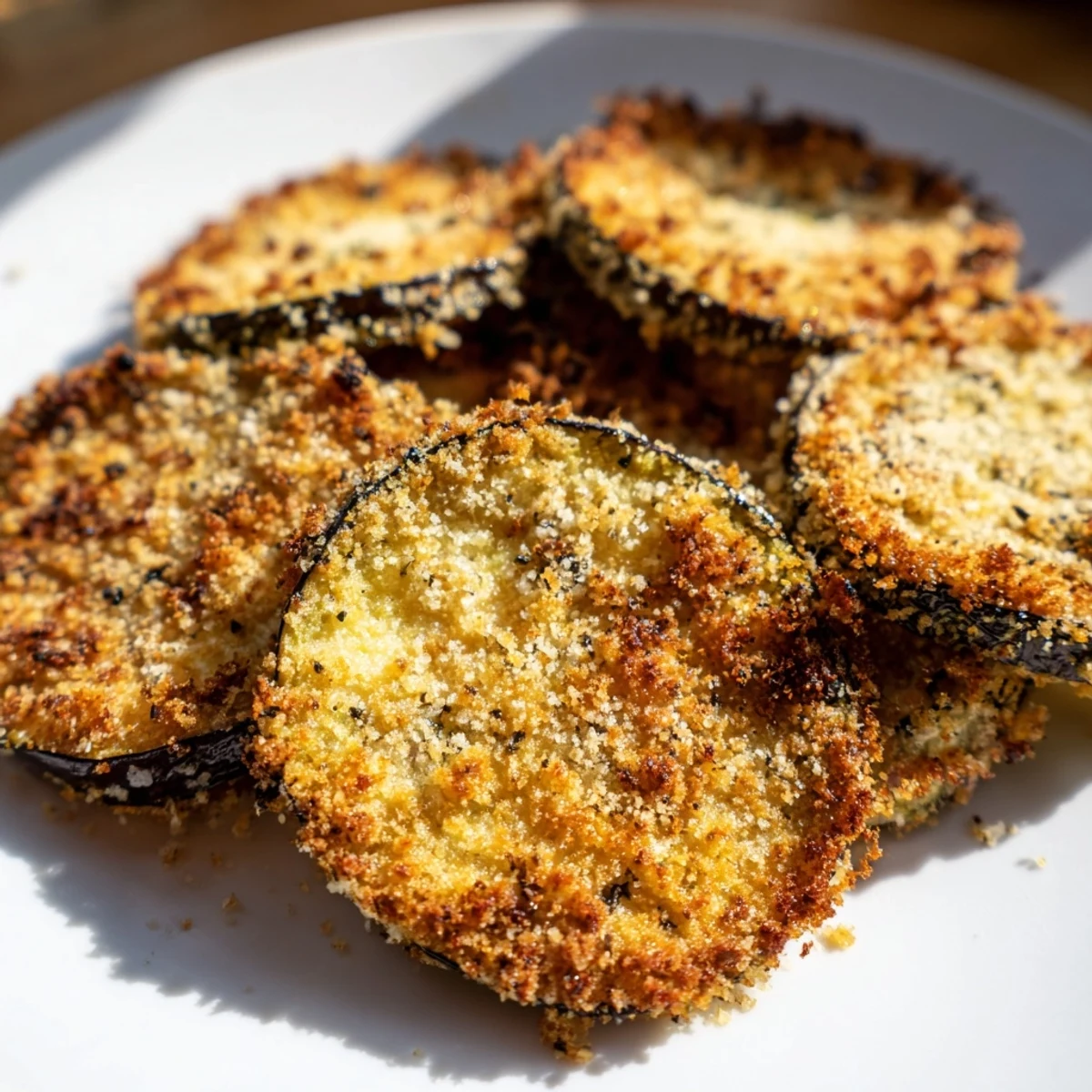 Golden-brown, crispy Eggplant Parmesan Chips are arranged on a baking sheet, ready to devour!