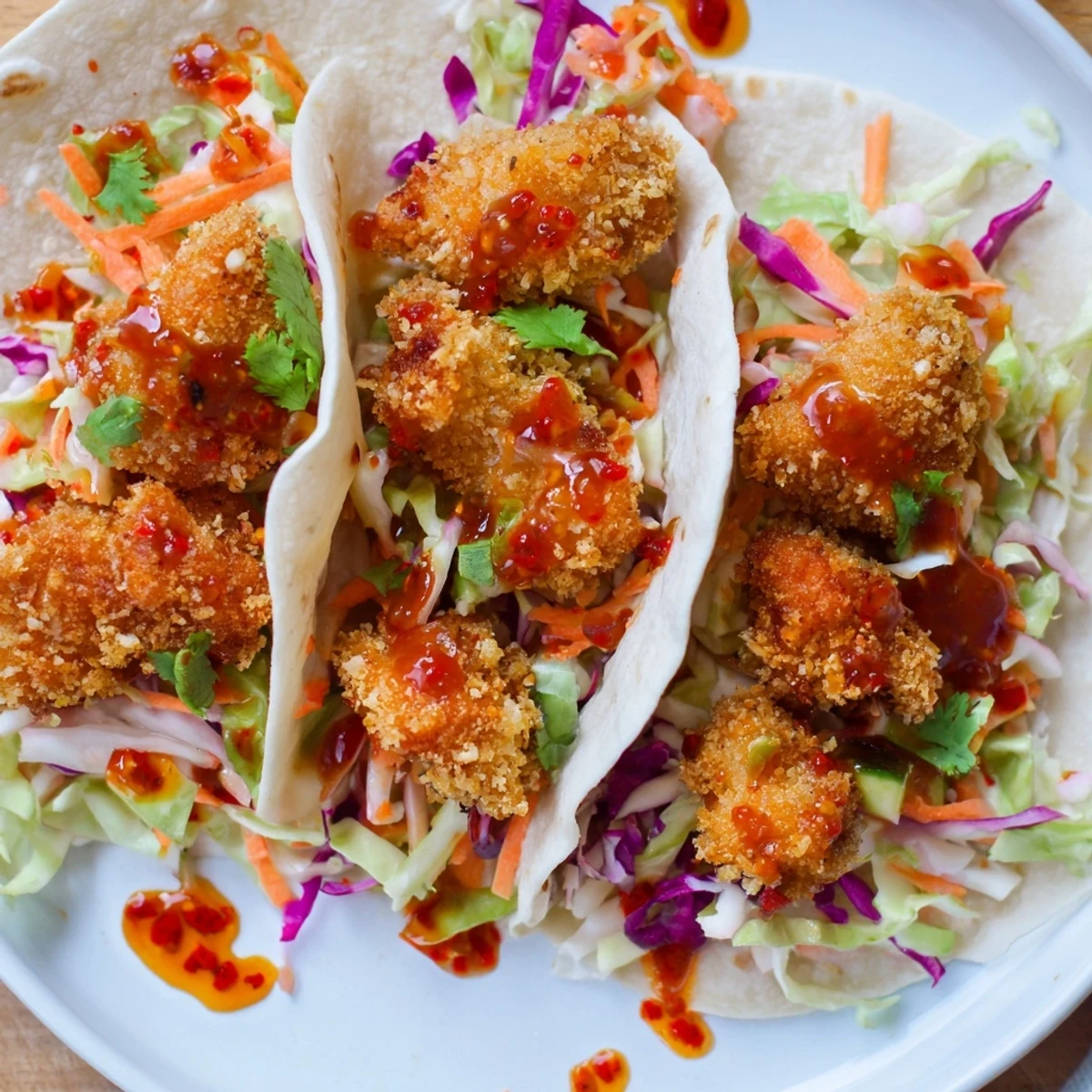 Golden, crispy Hot Honey Chicken Tacos with a vibrant slaw, drizzled in glistening, spicy honey.