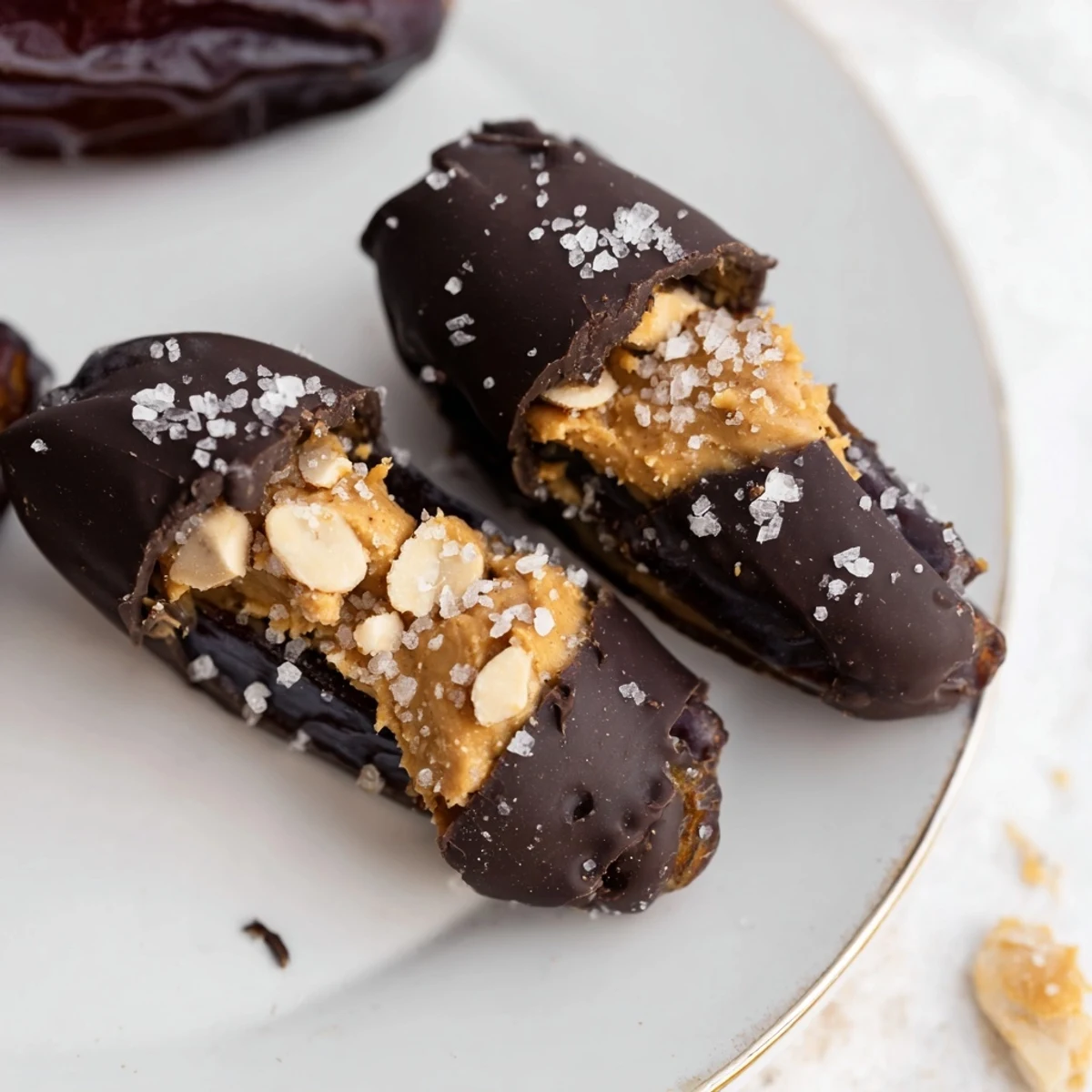 These homemade Chocolate Date Snickers feature a creamy peanut butter filling and crunchy peanuts.