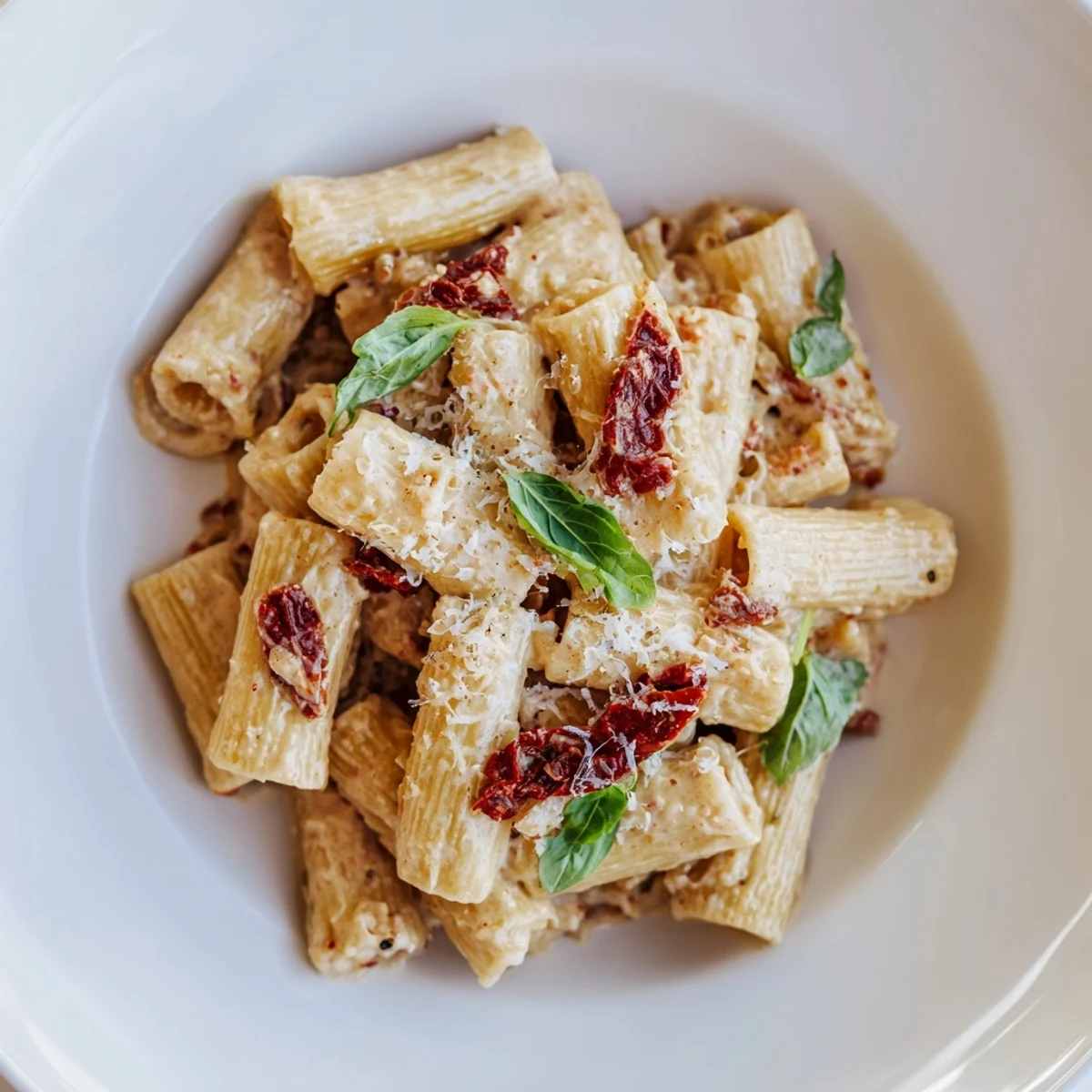 A vibrant photo of creamy sun-dried tomato pasta, richly coated and topped with fresh basil.