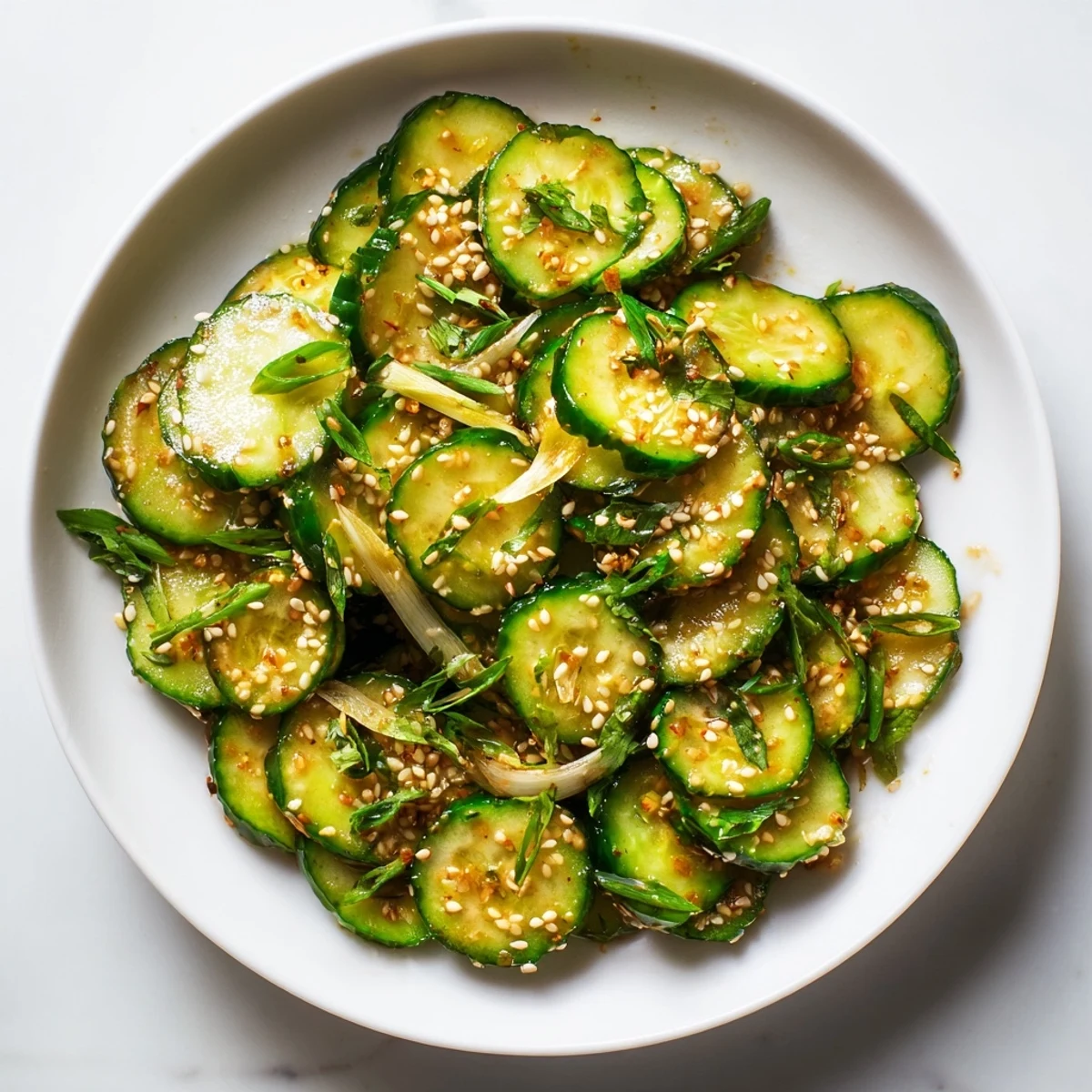Tangy Zesty Shake Cucumber Salad, garnished with sesame seeds; a refreshing Asian-inspired side dish.