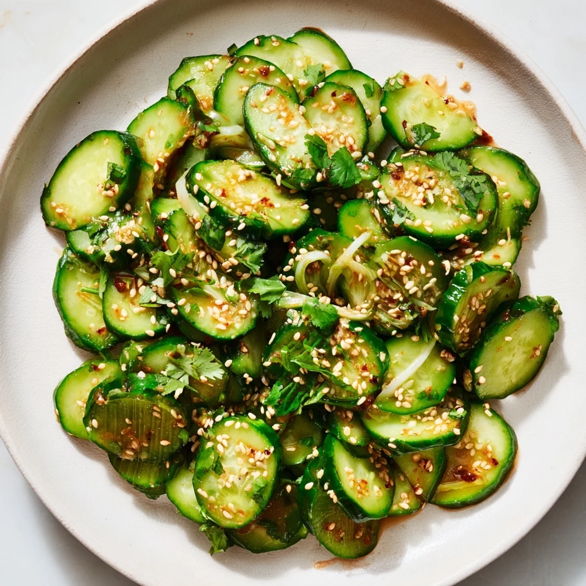 Crunchy Zesty Shake Cucumber Salad with glistening cucumbers in a sesame-soy dressing, ready to eat.