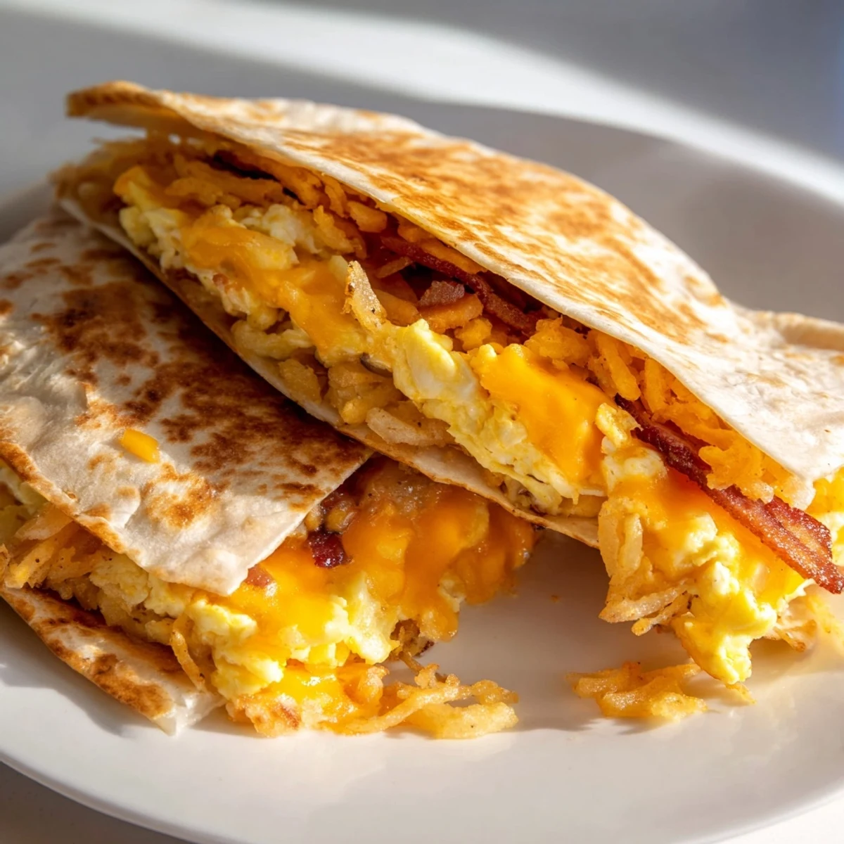 Perfectly folded, crispy breakfast Crunchwrap Hack showcasing eggs, cheese, and hash browns—a tasty morning wrap.